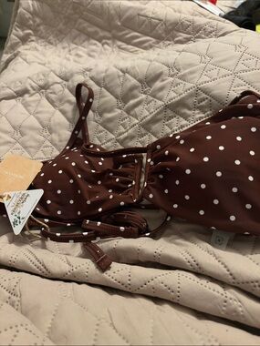 Berlook Brown Polka Dot Bikini Top - White Dots U ring Medium